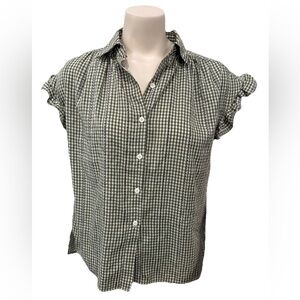 Max Studio Women’s Gingham Ruffle Sleeve Button Top Green White Check Size S NWT